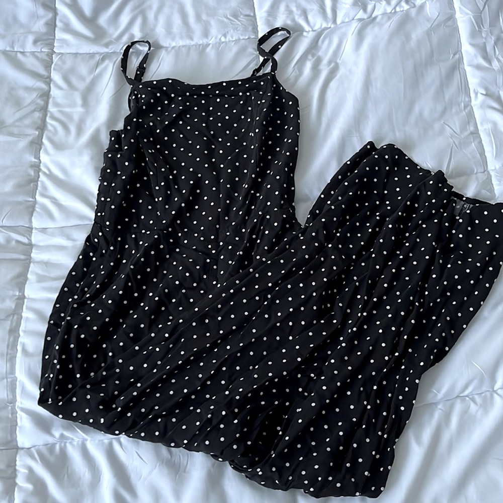 black and white polka dotted jumpsuit